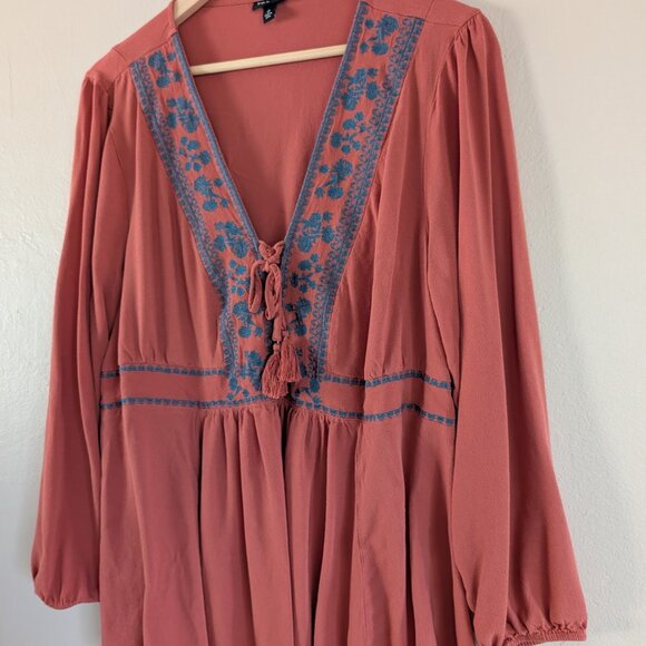 Torrid Size 2 (18/20) Rust Blue Embroidery Lace-Up Babydoll Challis Boho $59.50 - Picture 5 of 10